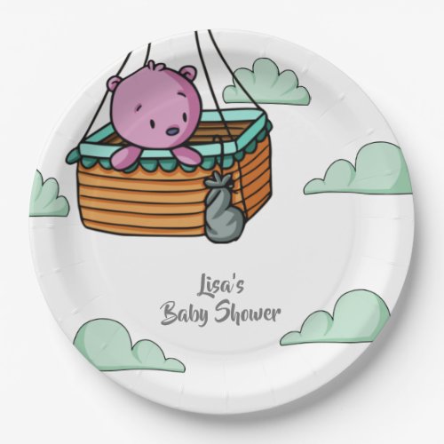 Pink Bear in Hot Air Balloon Basket Baby Shower Paper Plates