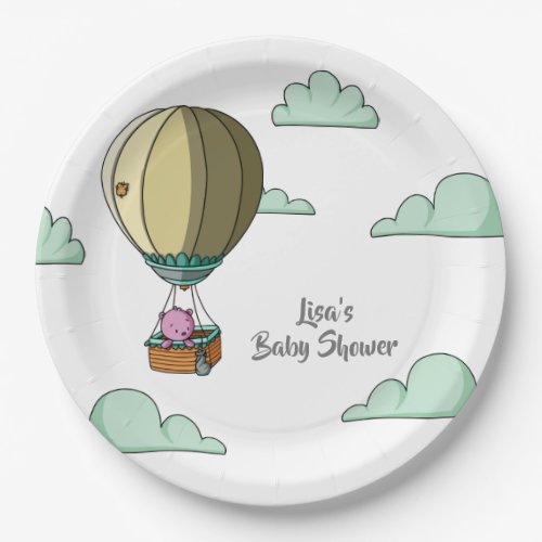 Pink Bear in Hot Air Balloon Cartoon Baby Shower Paper Plates