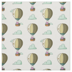 Pink Bear in Hot Air Balloon in the Sky Nursery Fabric