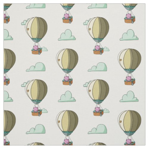 Pink Bear in Hot Air Balloon in the Sky Nursery Fabric