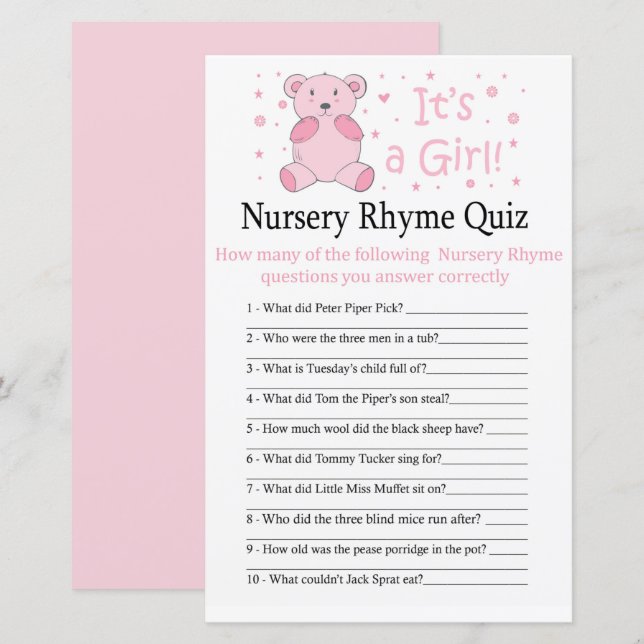 Pink bear Nursery Rhyme Quiz baby shower game (Front/Back)