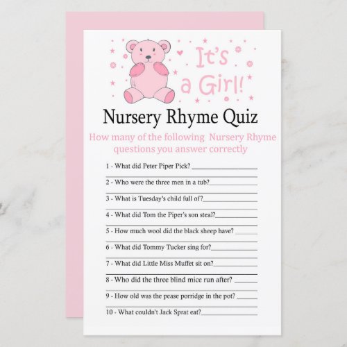 Pink bear Nursery Rhyme Quiz baby shower game