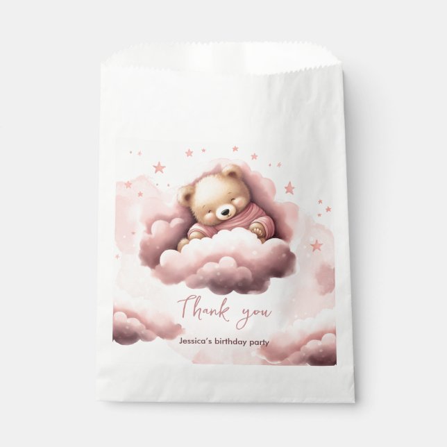 Pink bear on clouds baby birthday favor bag (Front)
