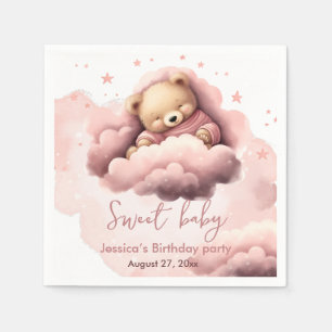 Pink bear on clouds baby birthday invitation napkins