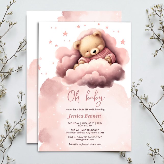 Pink bear on clouds baby shower invitation  (Cute sleeping bear in pink clouds baby shower)