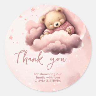 Pink bear on clouds baby shower invitation  classic round sticker