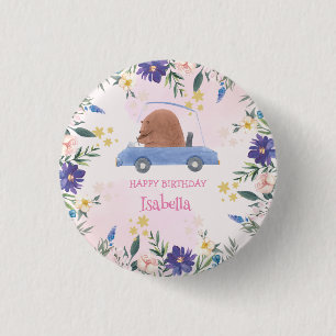 Pink Bear Race car Tropical flower Birthday party Button
