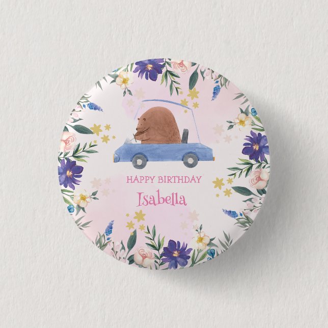 Pink Bear Race car Tropical flower Birthday party Button (Front)