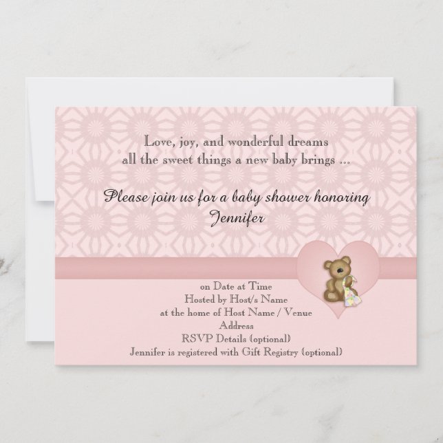 Pink Bear Retro Flowers Baby Shower Invitation (Front)