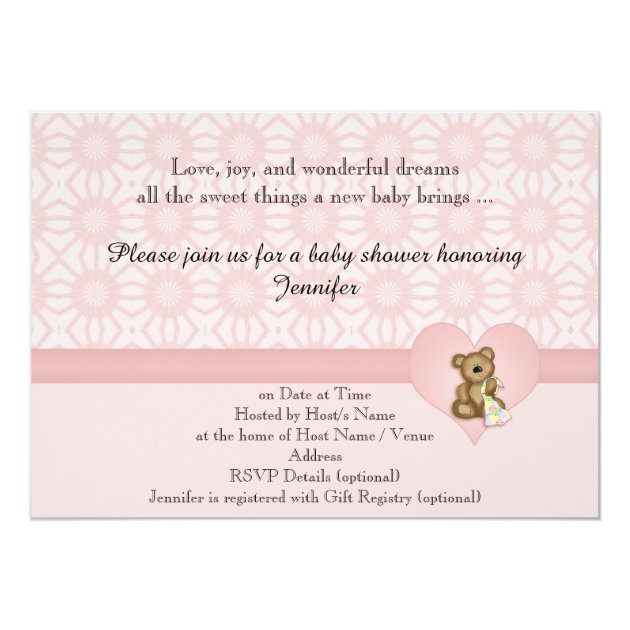 Pink Bear Retro Flowers Baby Shower Invitation