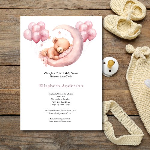 Pink Bear Sleeping in Moon Balloons Baby Shower Invitation