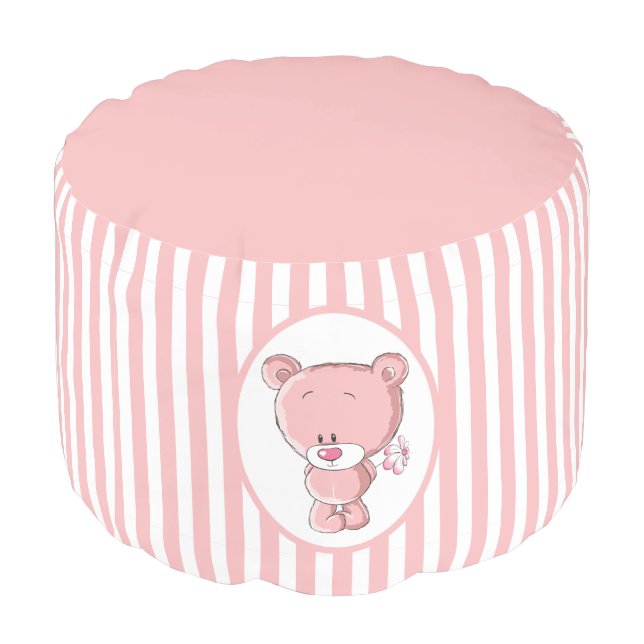 Pink Bear Sturdy Spun Polyester Round Pouf (Angled Back)