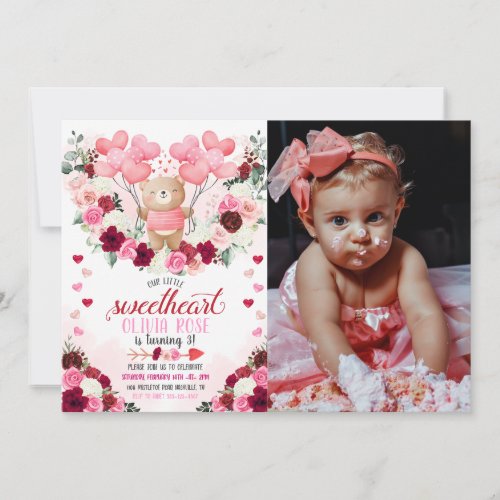 Pink Bear Sweetheart Valentines Photo Birthday Invitation