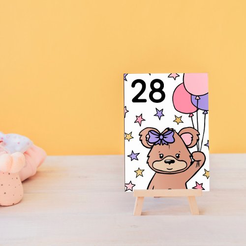 Pink Bear Themed Girl Baby Shower Table Number