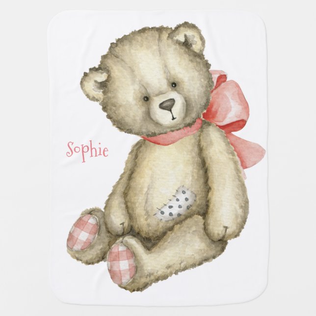 Pink Bear Watercolor Baby Girl Teddy Bear Baby Blanket (Front)