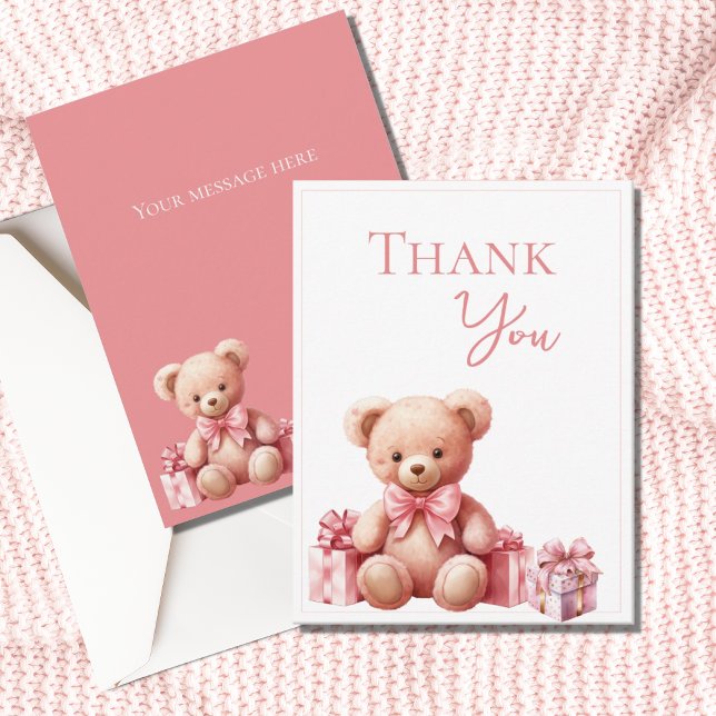 Pink Bear Watercolor Baby Shower Thank You Card (Creator Uploaded)