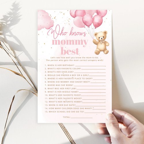 Pink Bear Who knows mommy best baby shower game