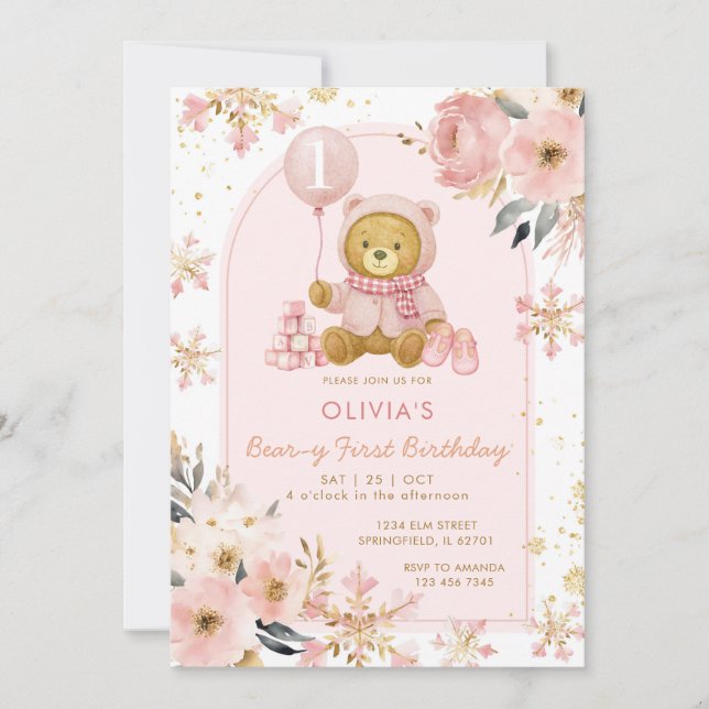 Pink Bear Winter Snowflake Beary First Birthday  Invitation (Front)
