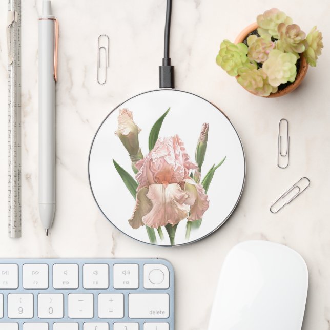Pink Bearded Iris Flower Modern Botanical Art Wireless Charger (Desk)