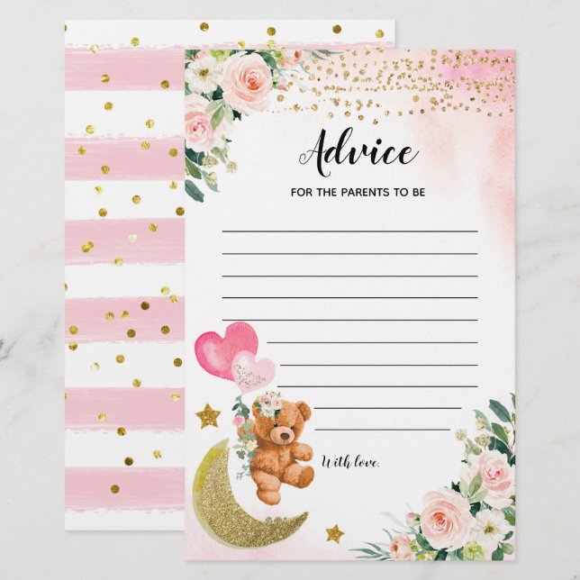 Pink Bearly Baby Shower Advice For Parents Games (Front/Back)