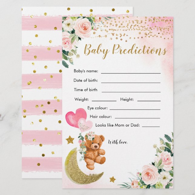 Pink Bearly Baby Shower Baby Predictions Games (Front/Back)