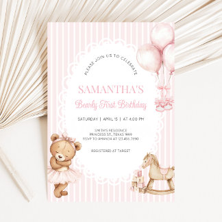 Pink Bearly First Birthday Party Invitation