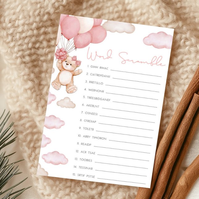 Pink Bearly Wait Baby Shower Word Scramble Game (Girl Bear Balloon Baby Shower Word Scramble Game)