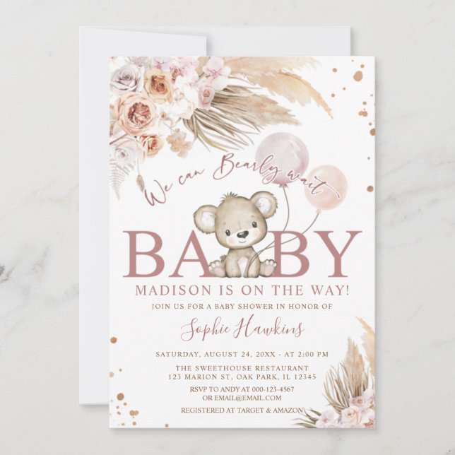 Pink Bearly Wait Boho Teddy Bear Girl Baby Shower Invitation (Front)