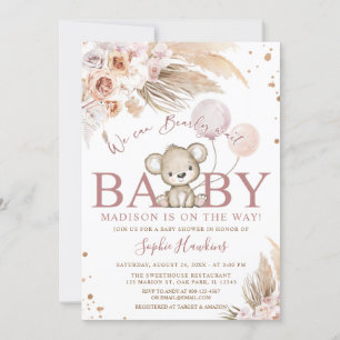 Pink Bearly Wait Boho Teddy Bear Girl Baby Shower Invitation