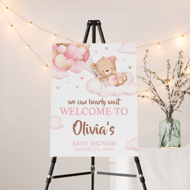 Pink Bearly Wait Clouds Baby Shower Welcome Sign (In Situ (Stand))