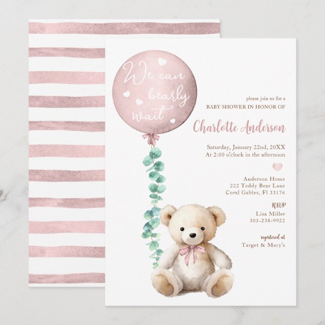 Pink Bearly Wait Eucalyptus Baby Shower Invite (Front/Back)