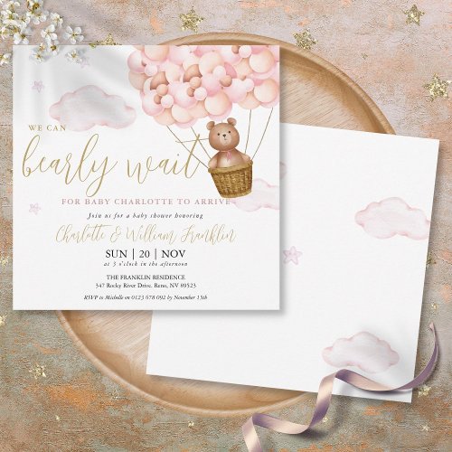 Pink Bearly Wait Teddy Bear Girl Baby Shower Invitation
