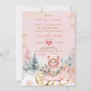 Pink Bearly Wait Winter Forest Baby Shower Bear Invitation