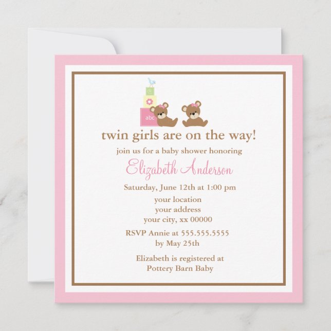 Pink Bears Twins Baby Shower Invitation (Front)