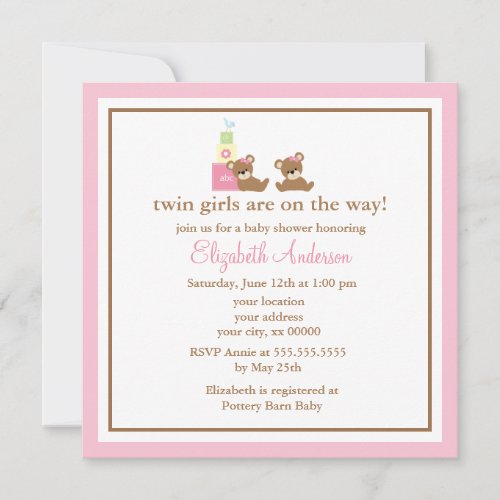Pink Bears Twins Baby Shower Custom Invite