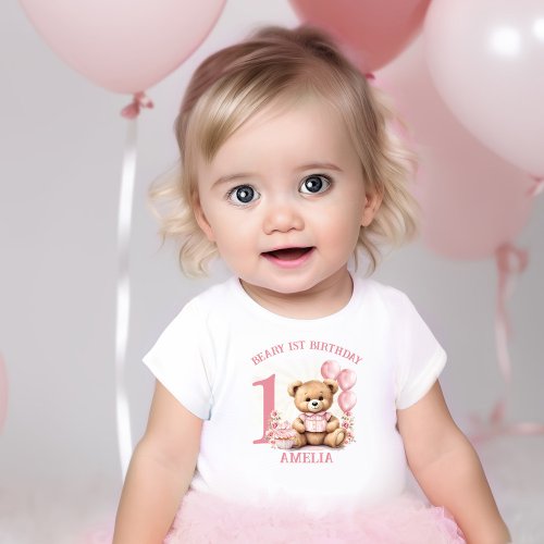 Pink Beary 1st Birthday Girl Baby T_shirt