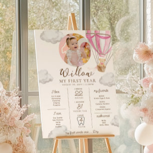 Pink Beary First Birthday Milestone Timeline Poster