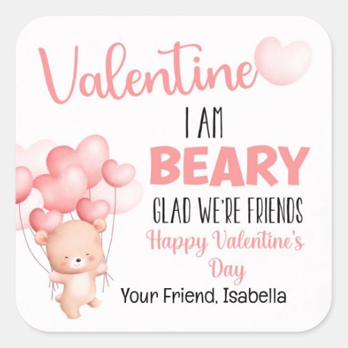 Pink Beary Glad Were Friends Valentines Day Square Sticker