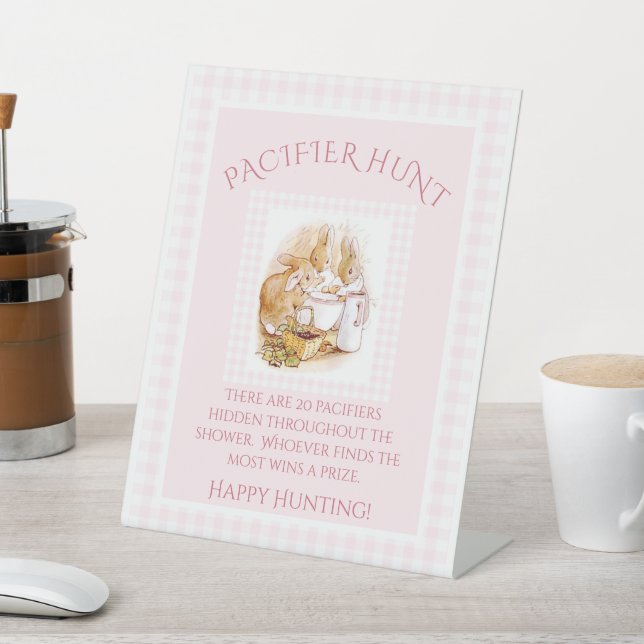 Pink Beatrix Potter Gingham Baby Shower Pedestal Sign (In SItu)