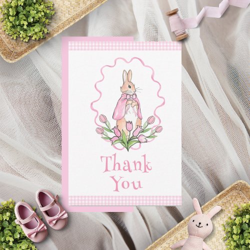 Pink Beatrix Potter Gingham Floral Baby Shower Thank You Card