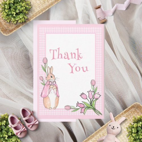 Pink Beatrix Potter Plaid Animal Theme Baby Shower Thank You Card