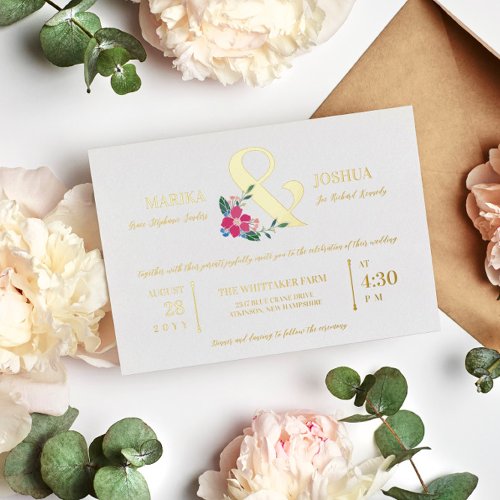 Pink Beautiful Floral Ampersand Typography Wedding Foil Invitation