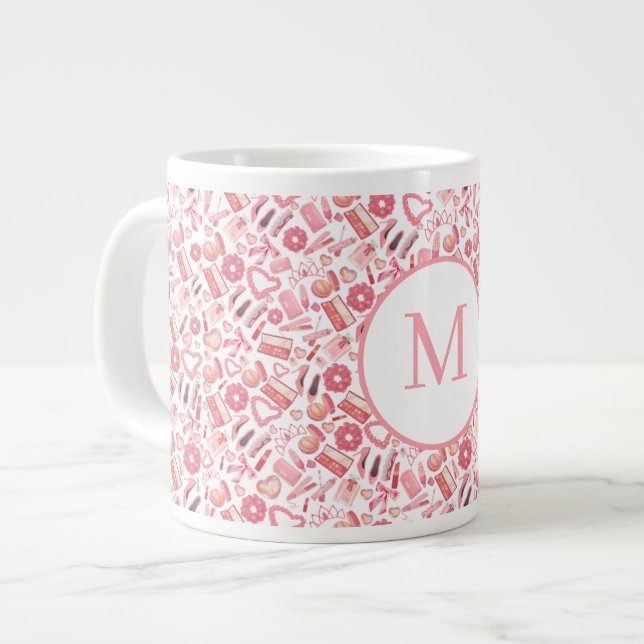 Pink Beauty & Makeup Seamless Pattern Girly  Giant Coffee Mug (Front Left)