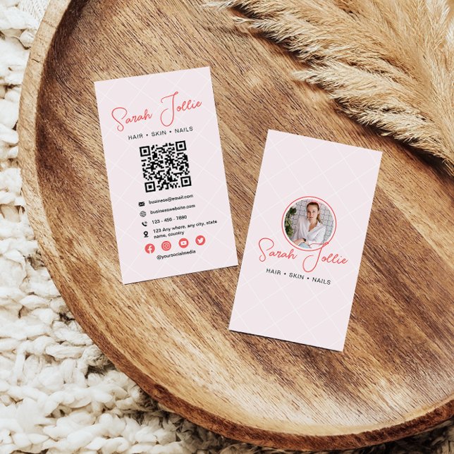 Pink Beauty Salon Scannable QR Code Photo Business Card (Creator Uploaded)