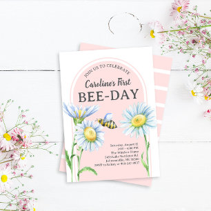 Pink Bee-Day Birthday Invitation with Daisies