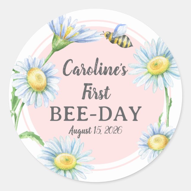 Pink Bee-Day Birthday Stickers with Daisies (Front)