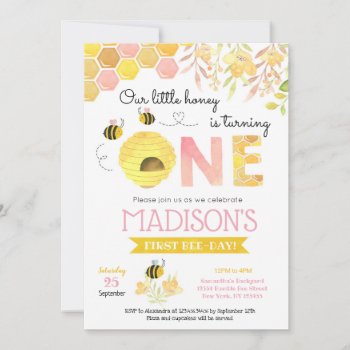 Pink Bee First 1st Birthday Party Invitations by SugarPlumPaperie at Zazzle