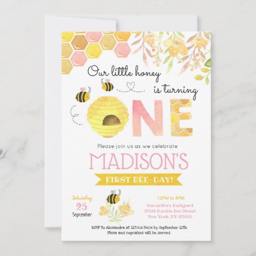 Pink Bee First 1st Birthday party invitations