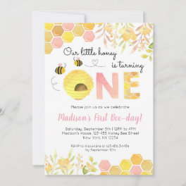 Pink Bee First 1st Birthday party invitations Girl