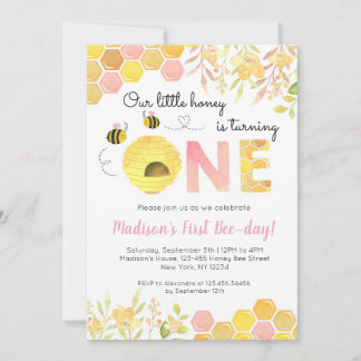 Pink Bee First 1st Birthday party invitations Girl